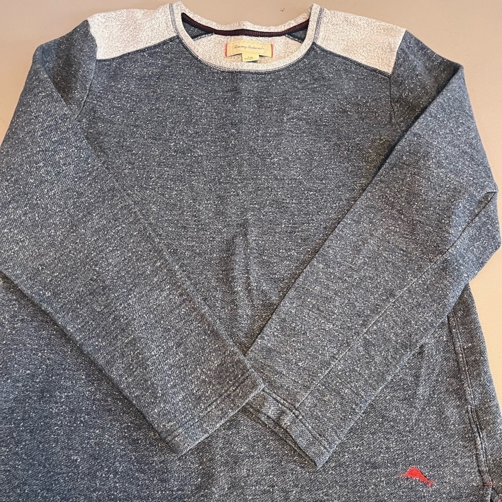 Tommy Bahama Sweater Mens L Gray Blue Pullover Crewneck Casual Knit Marlin Logo
